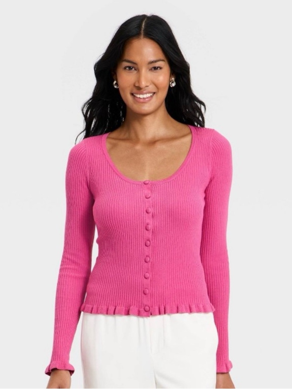 a new day Pink Ribbed Button-Front Long Sleeve Scoop Top
